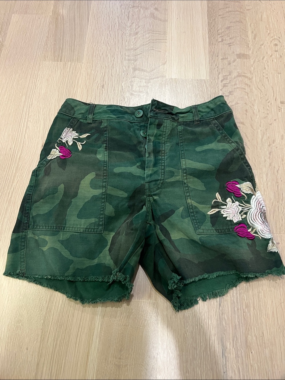 Free People Camo Green Embroidered Cargo Shorts